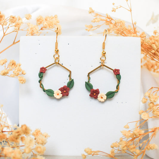 Ivy Hexagon earrings in cherry & ivory | NZ handmade earrings