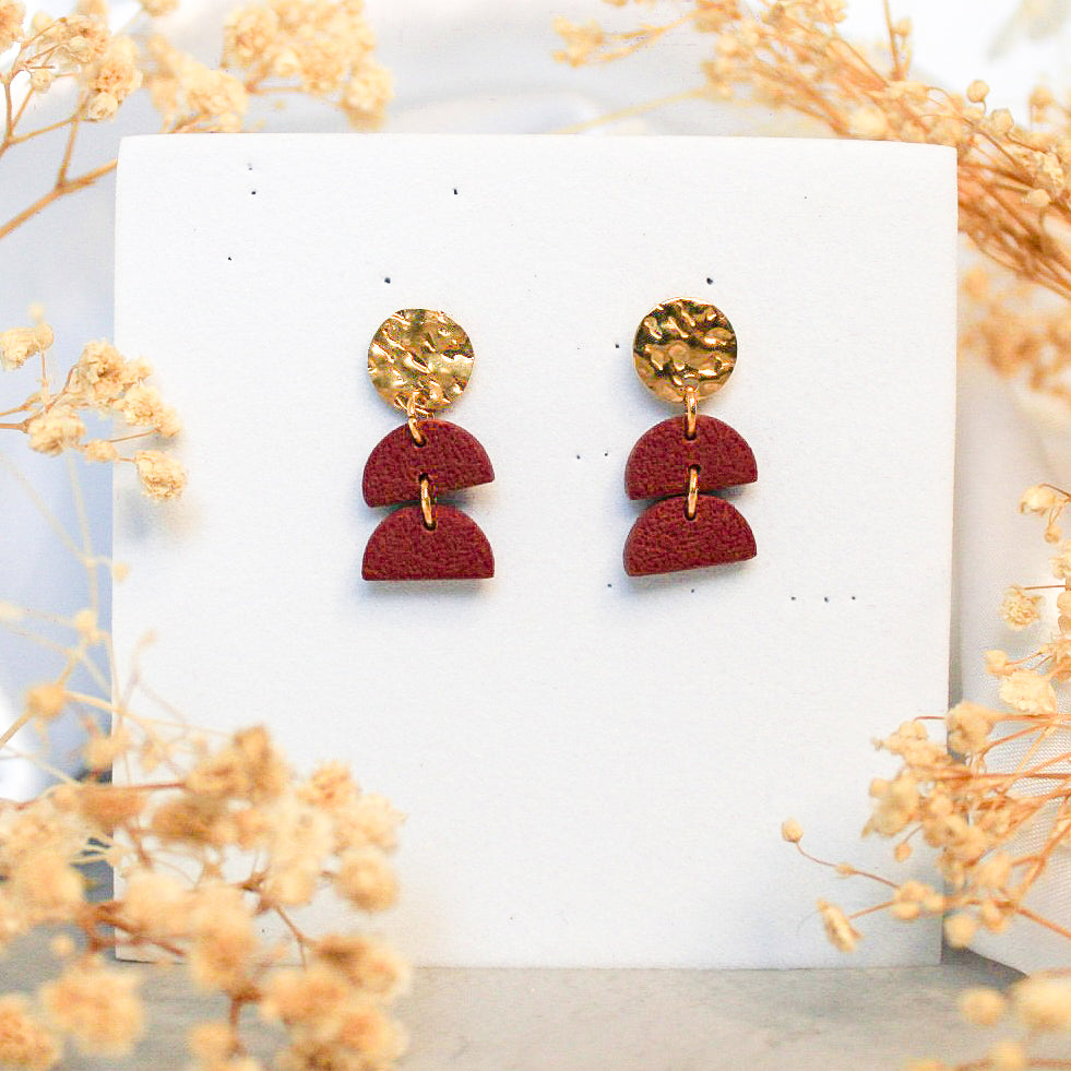 Cherry red hammered stud semi drop earrings | Cherry red accessories NZ