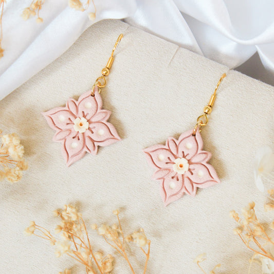 Flower tile earrings in pink & ivory | Gold dangle earrings NZ