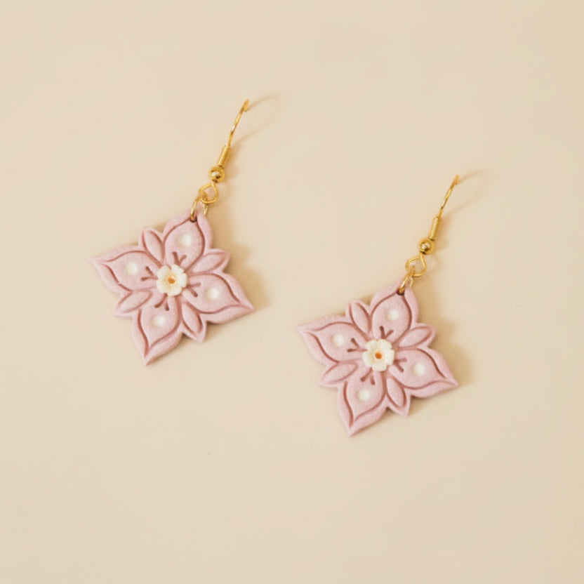 Flower tile earrings in pink & ivory | Gold dangle earrings NZ
