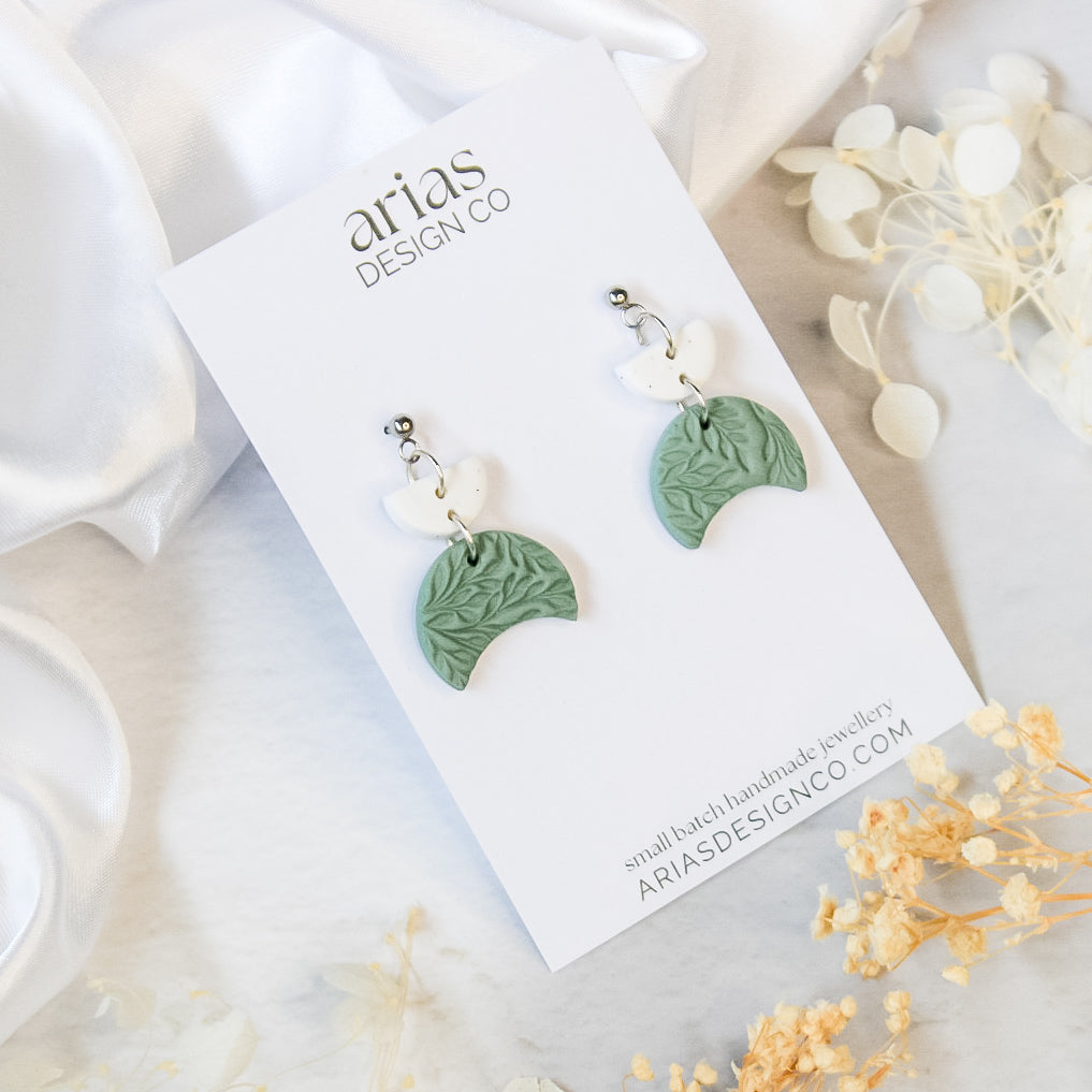 Green leaf texture moon polymer clay earrings | Handmade jewellery gifts online
