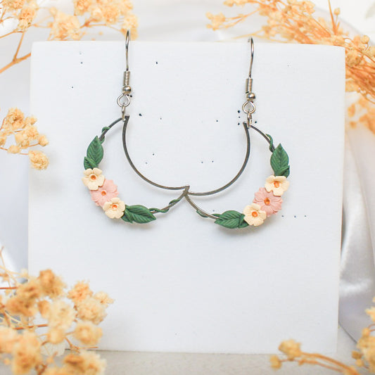 Ivy Crescent silver earrings in pink & ivory | NZ handmade flower earrings