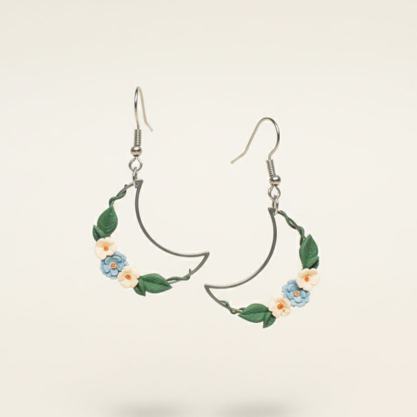 Ivy Crescent earrings in silver with blue & ivory | NZ handmade flower earrings
