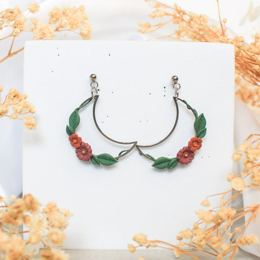 Ivy crescent silver earrings in plum & rust | NZ handmade floral earrings