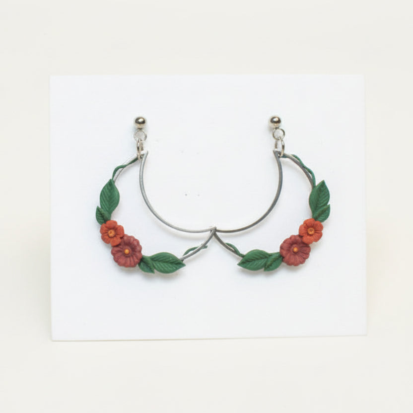 Ivy crescent silver earrings in plum & rust | NZ handmade floral earrings