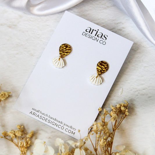 Mini seashell polymer clay earrings with gold stud earrings | NZ beach inspired jewellery