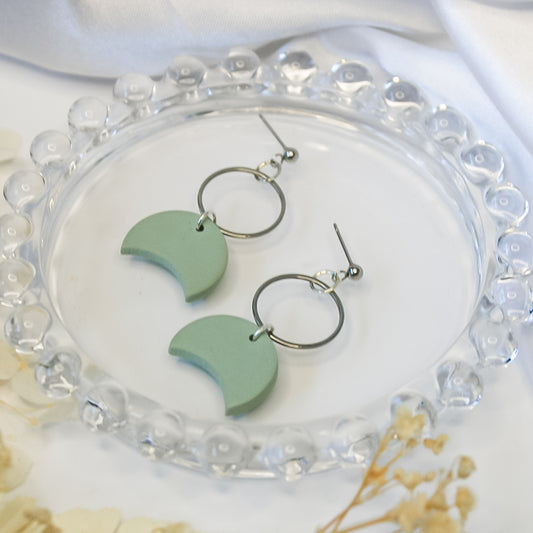 Sage green silver circle polymer clay earrings