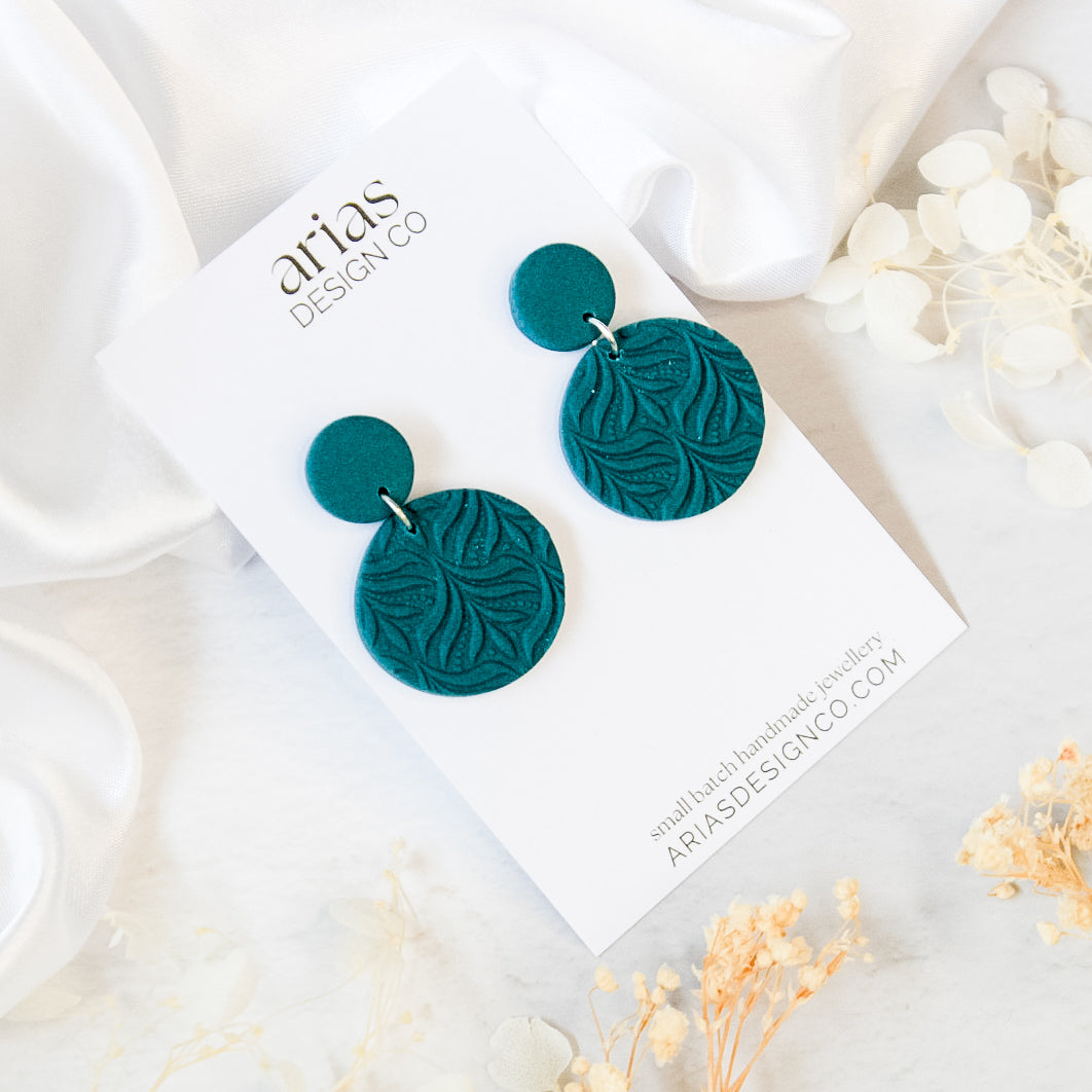 Teal textured disc polymer clay stud earrings | Handmade accessories & earrings
