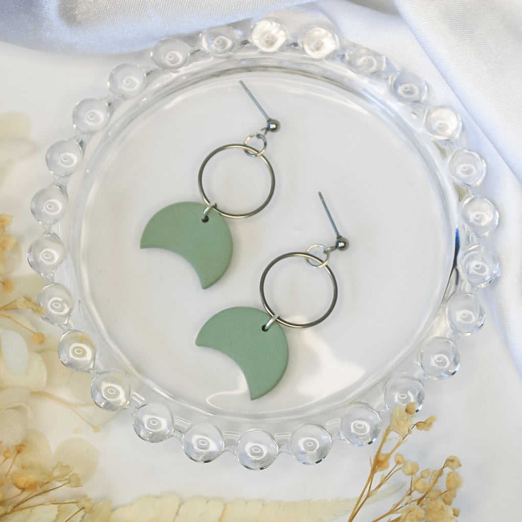 Unique Moon Earrings in Sage Green and Silver