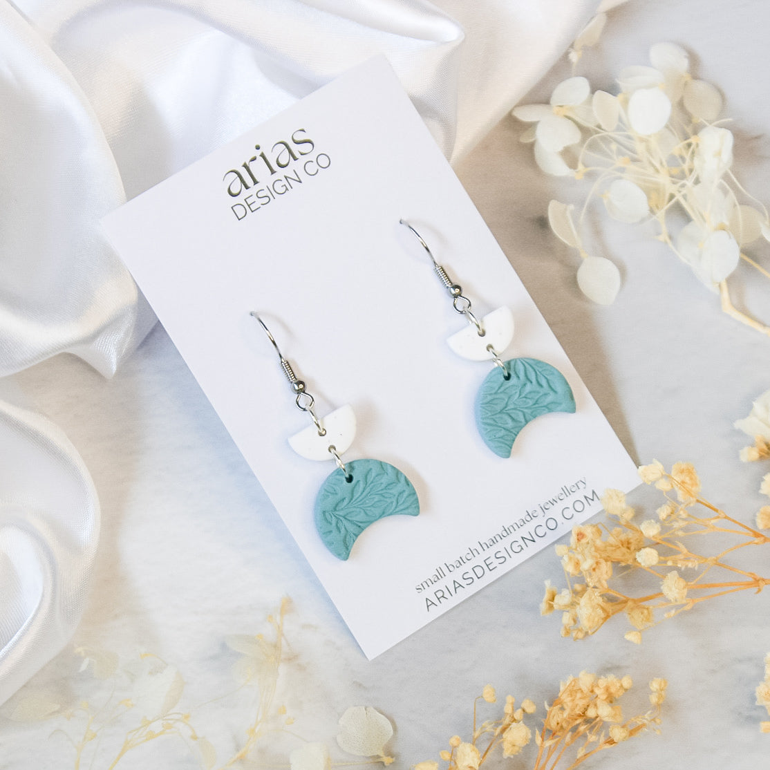Blue leaf texture moon polymer clay earrings | Shop handmade jewellery gifts NZ