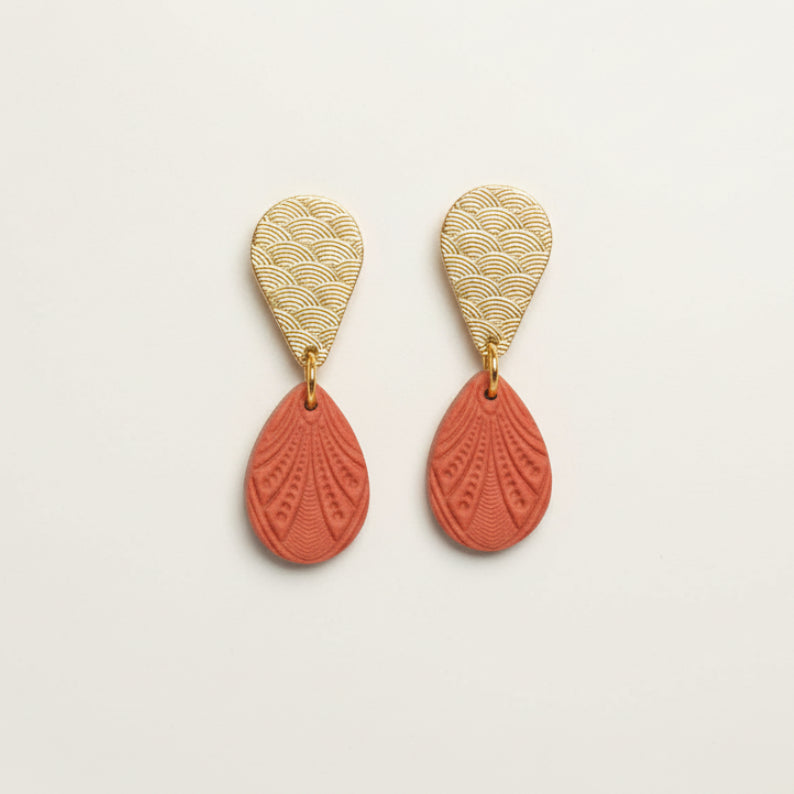 Burnt orange textured teadrop stud earrings in gold | NZ handmade gold stud earrings