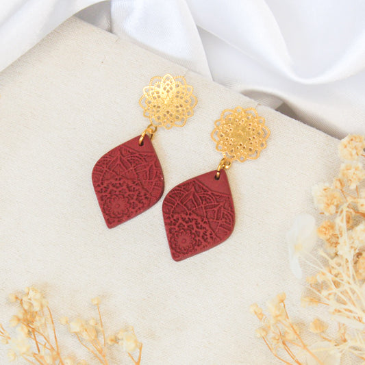 Cherry red diamond shaped polymer clay earrings with mandala texture and stud earrings