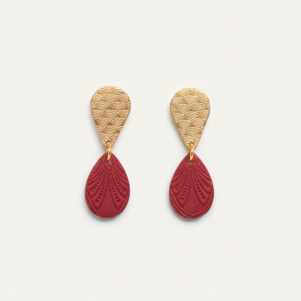 Cherry red textured teadrop gold stud earrings | NZ jewellery designers online shop