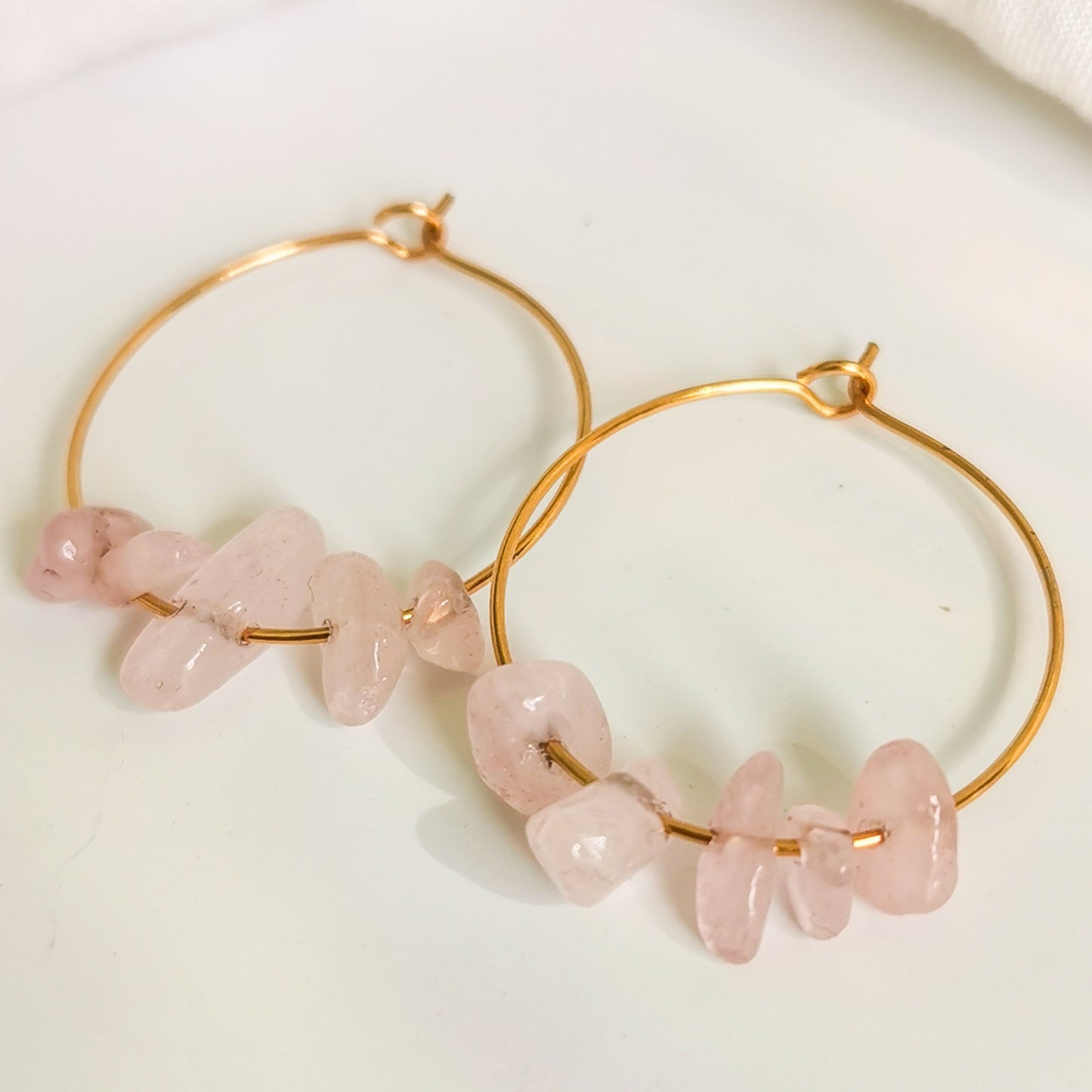 Gold rose quartz earrings NZ | Gold hoop earrings