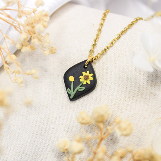 Gold sunflower necklace made with polymer clay | NZ made jewellery brands