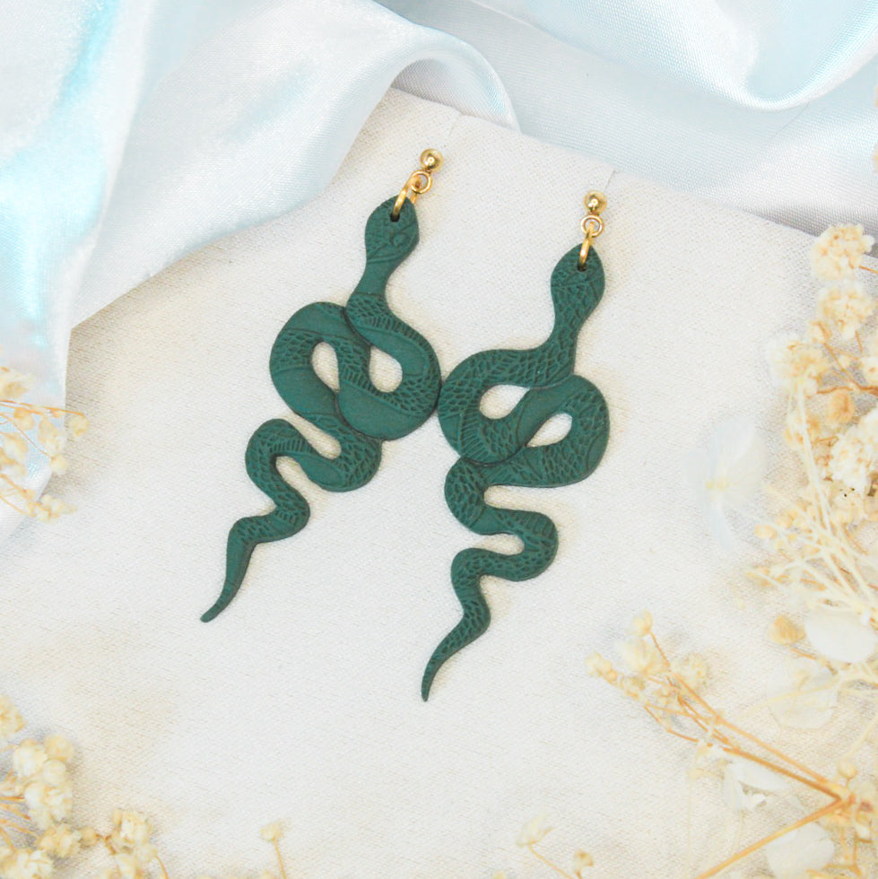 Green snake polymer clay statement earrings | NZ made jewellery