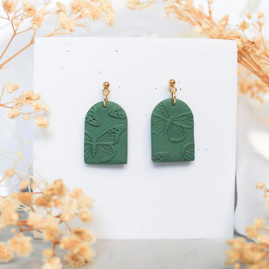 Green butterfly texture arch earrings | Gold butterfly stud earrings NZ