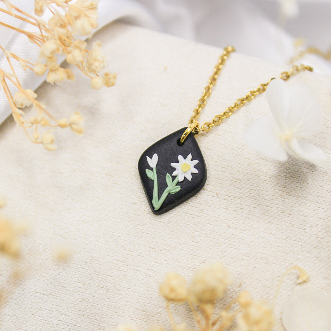 handmade daisy polymer clay gold necklace | gold necklace NZ made