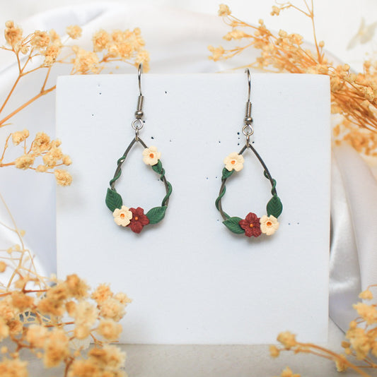 Ivy droplet silver earrings in cherry & ivory | NZ made flower earrings
