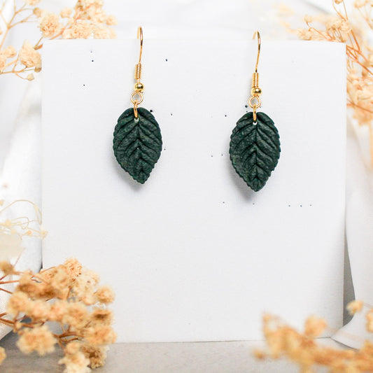 Leaf polymer clay earrings in dark green | Leaf earrings & jewellery NZ