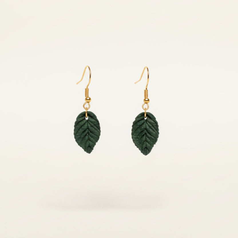 Leaf polymer clay earrings in dark green | Leaf earrings & jewellery NZ