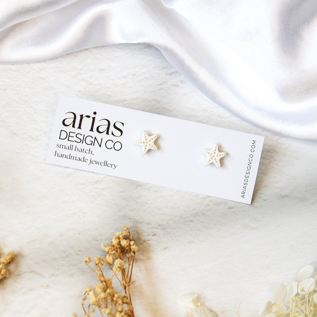 Mini starfish stud earrings in white | Ocean inspired stud earrings