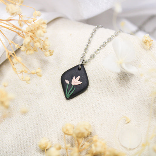 Pink polymer clay flower silver necklace | NZ handmade jewellery designers