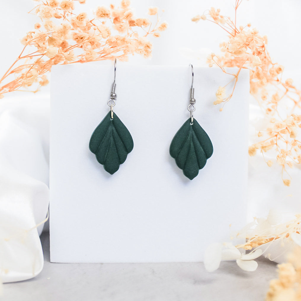 Simple petal earrings in dark green | NZ made dangle earrings