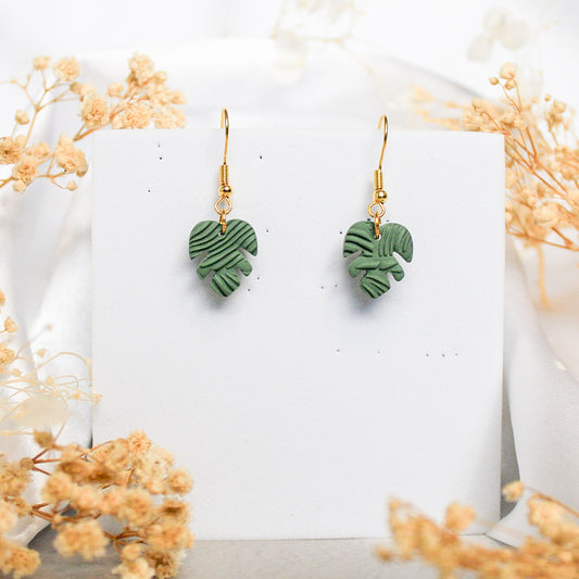 Textured monstera dangle earrings | Polymer clay leaf earrings shop