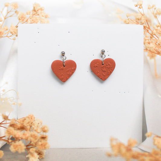 Wildflower heart shaped polymer clay stud earrings in rust | NZ handmade gold clay earrings