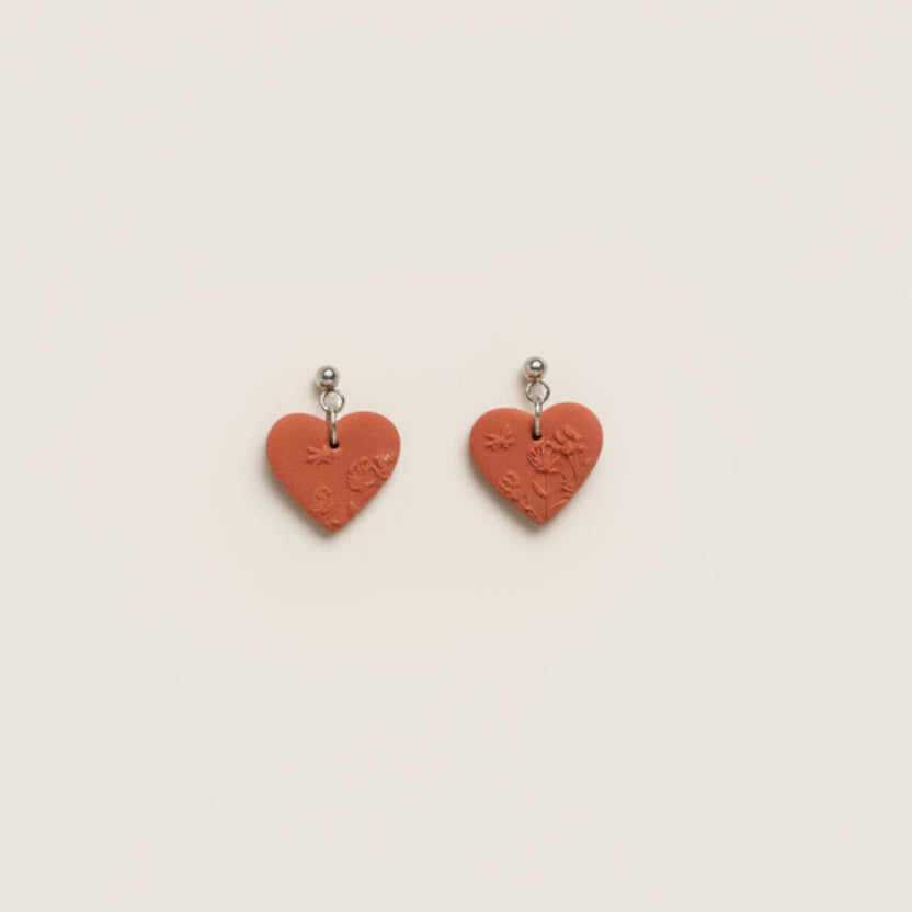 Wildflower heart shaped polymer clay stud earrings in rust | NZ handmade gold clay earrings