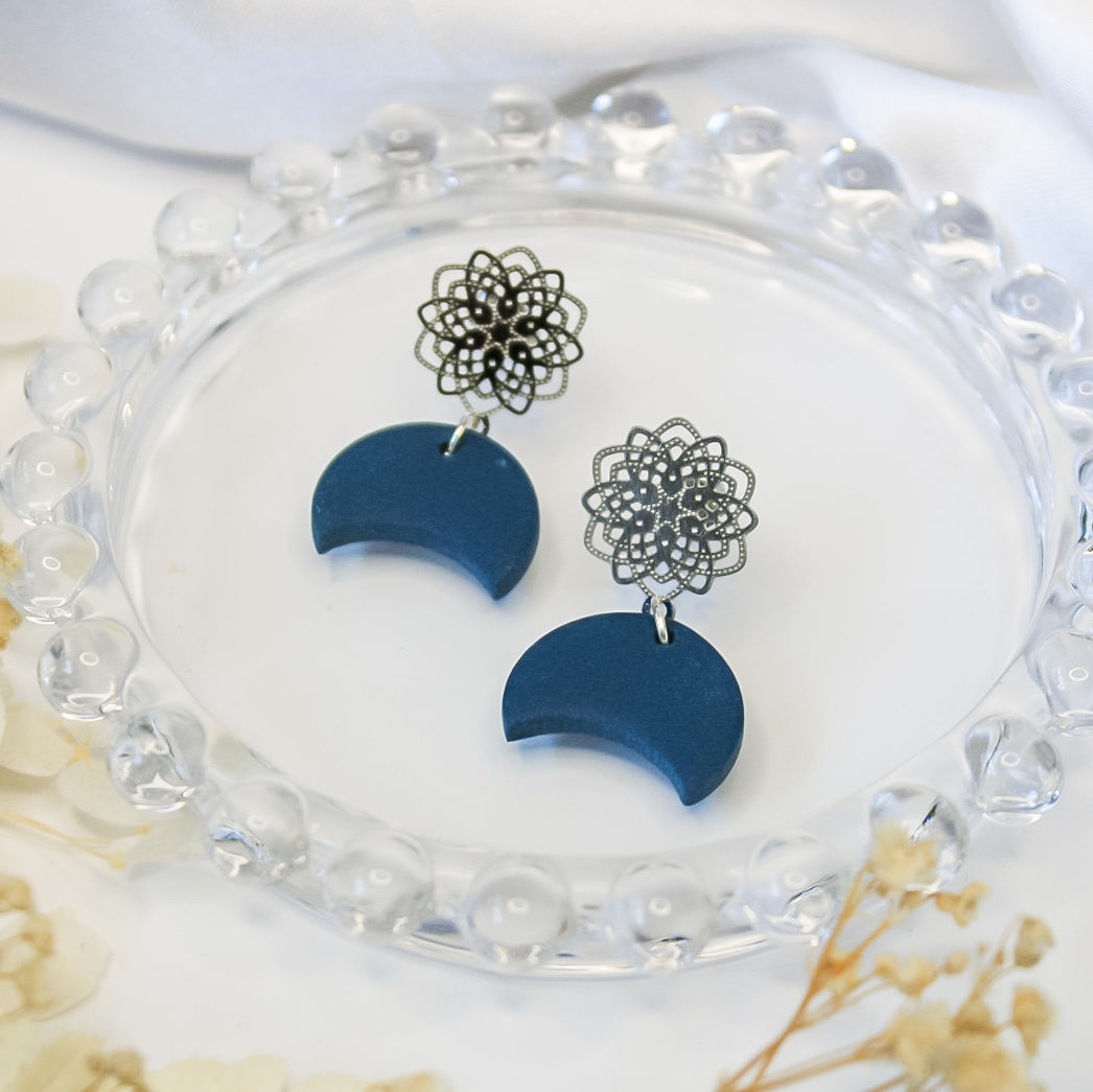 Blue moon and mandala boho earrings with silver studs