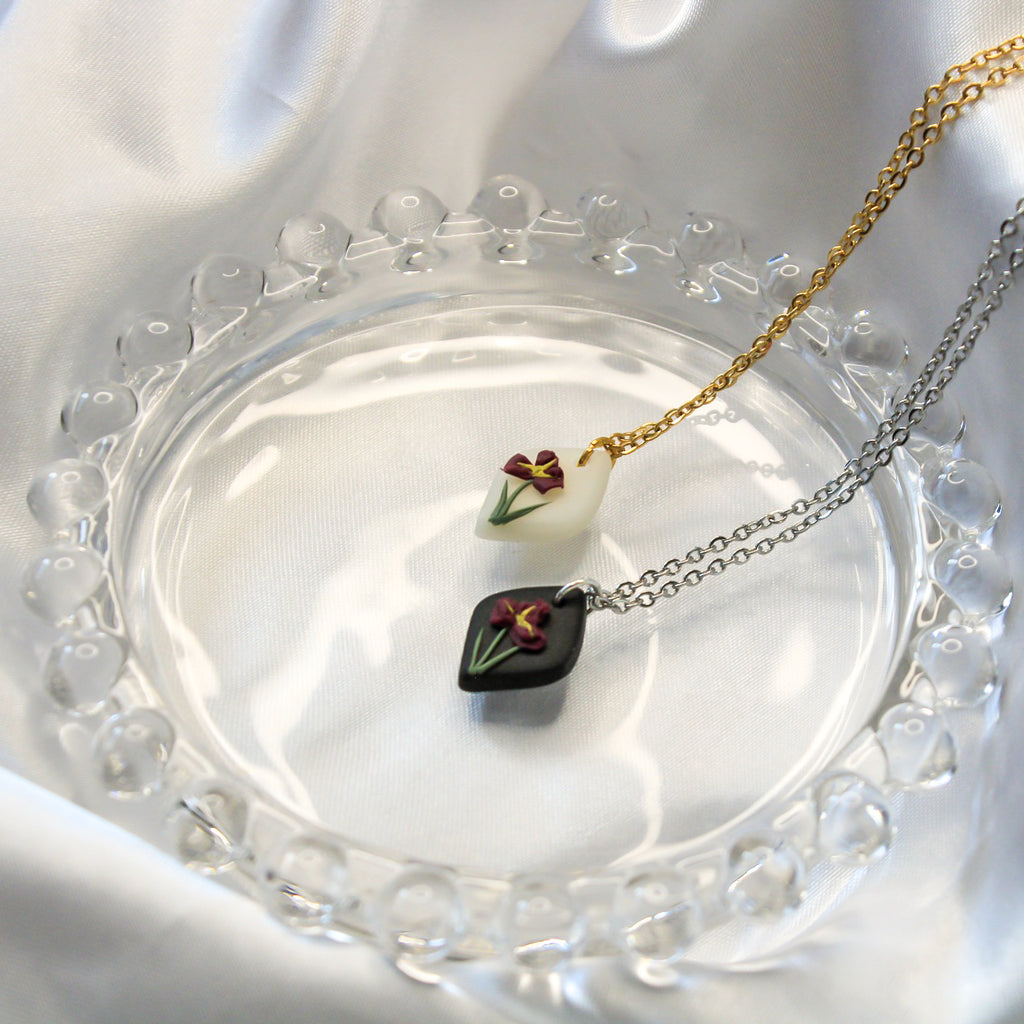 Iris birth flower necklace — handmade in NZ by Arias Design Co