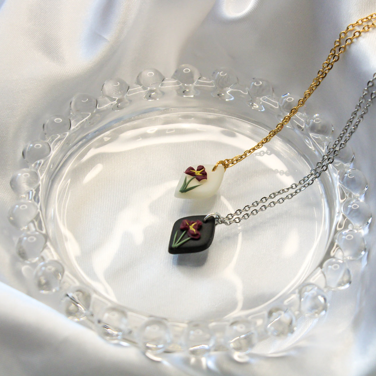 Iris birth flower necklace — handmade in NZ by Arias Design Co