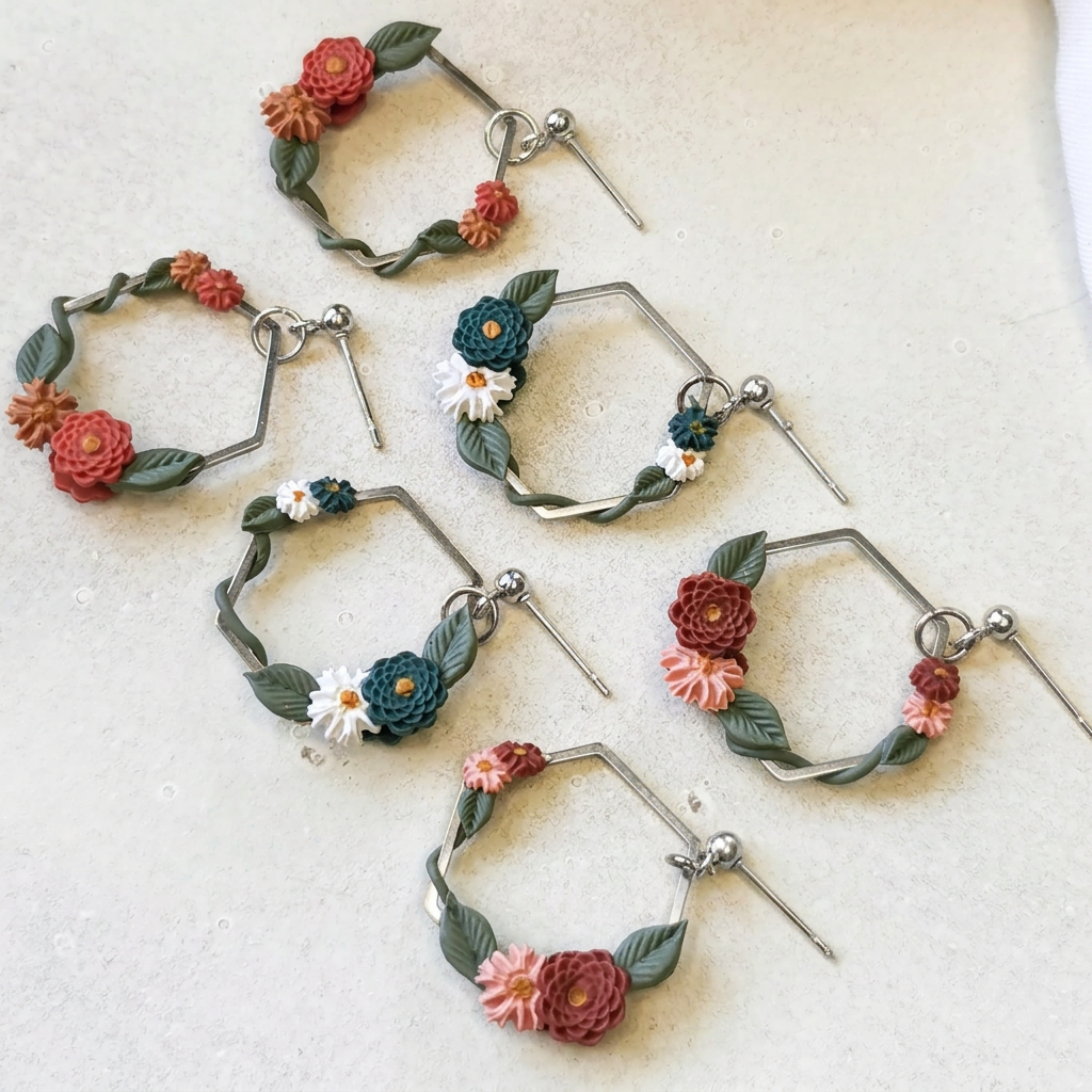 Flower Frame Hexagon Earrings - Silver
