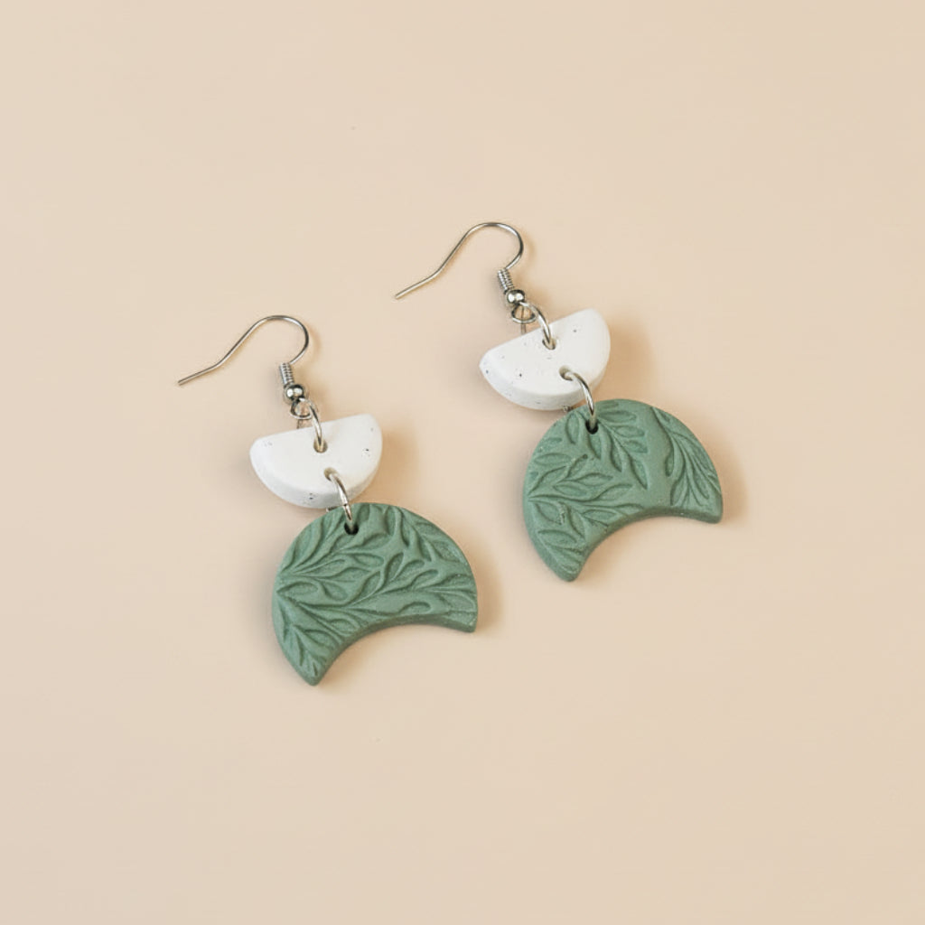 Green leaf texture moon polymer clay earrings | Handmade jewellery gifts online
