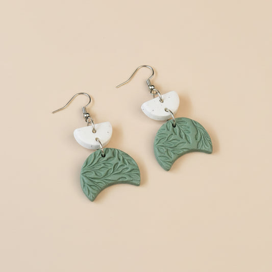 Green leaf texture moon polymer clay earrings | Handmade jewellery gifts online