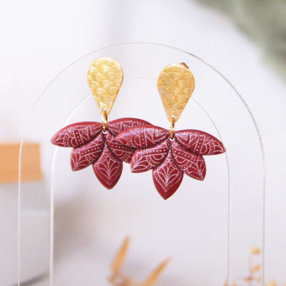 Handmade Cherry Lotus Earrings — polymer clay earrings made in New Zealand by Arias Design Co