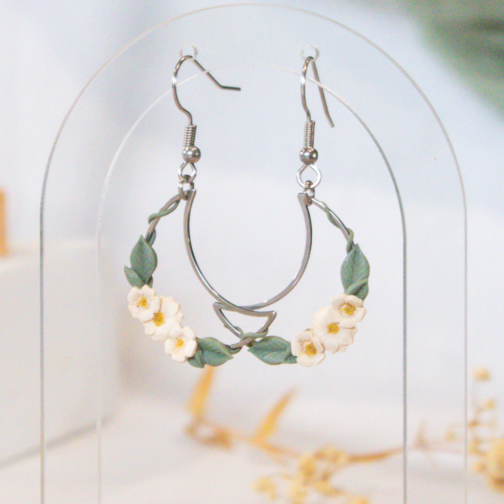 Ivory ivy crescent polymer clay earrings in silver | handmade flower earrings NZ