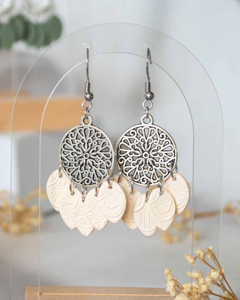 Ivory textured polymer clay chandelier earrings | statement earrings NZ