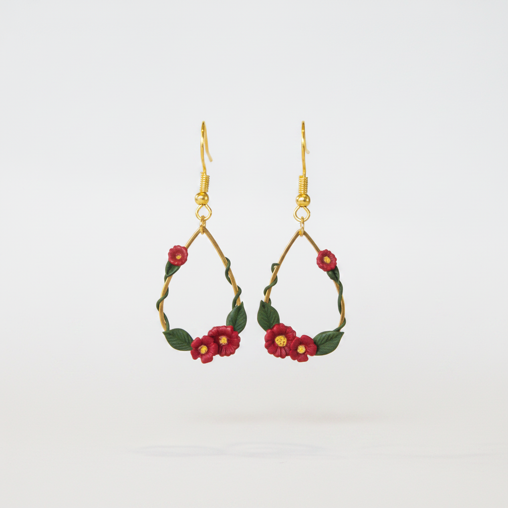 Cherry red ivy droplet polymer clay earrings in gold | handmade flower earrings NZ