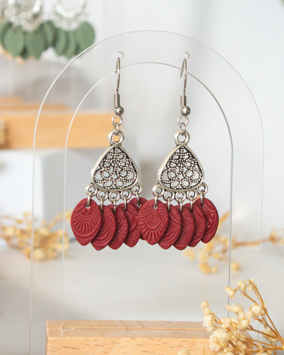 Cherry red textured polymer clay chandelier earrings | statement earrings NZ