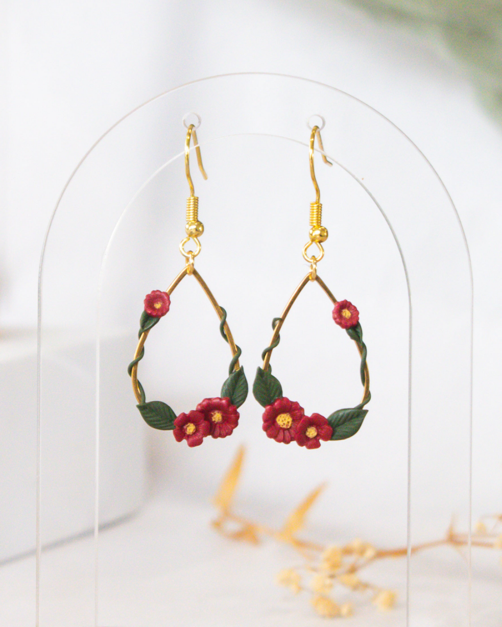 Gold droplet earrings with cherry ivy vine floral detail | statement earrings New Zealand