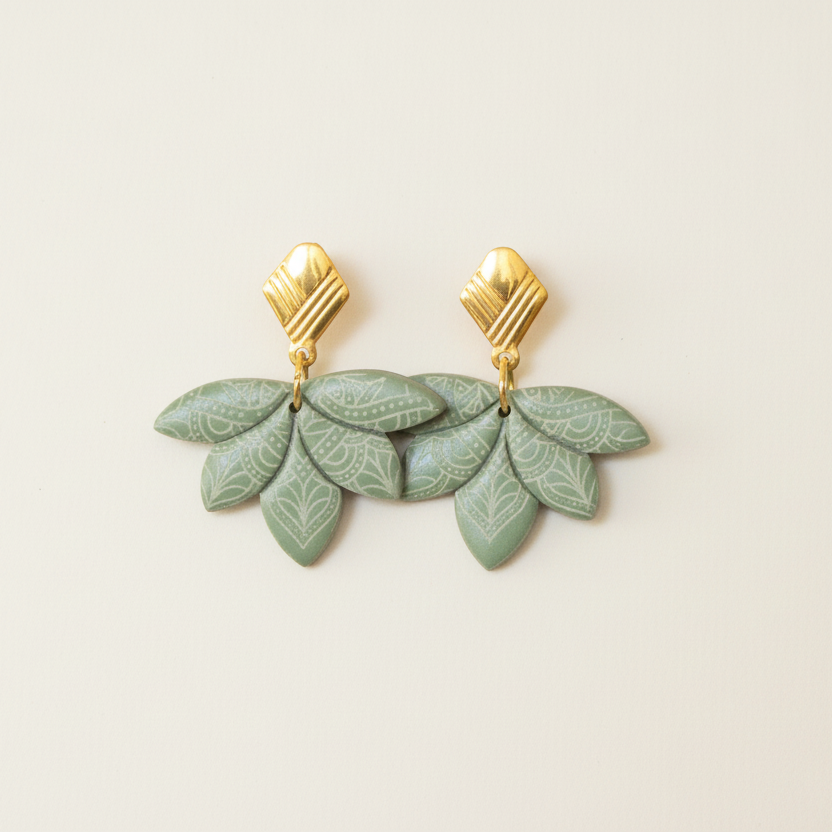 Handmade Sage Lotus Earrings — polymer clay earrings made in New Zealand by Arias Design Co