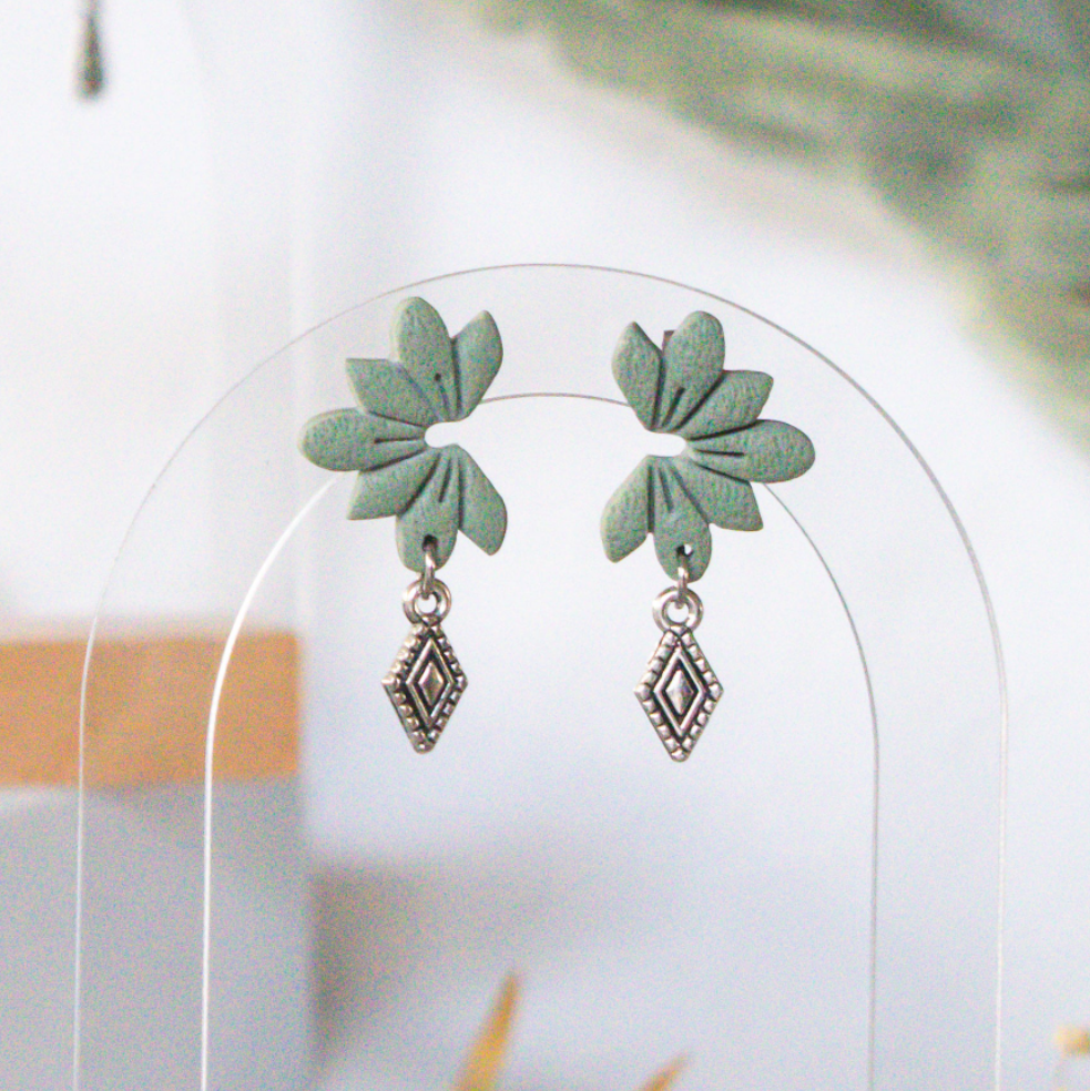 Handmade Sage Bloom Stud Earrings — polymer clay stud earrings made in New Zealand by Arias Design Co