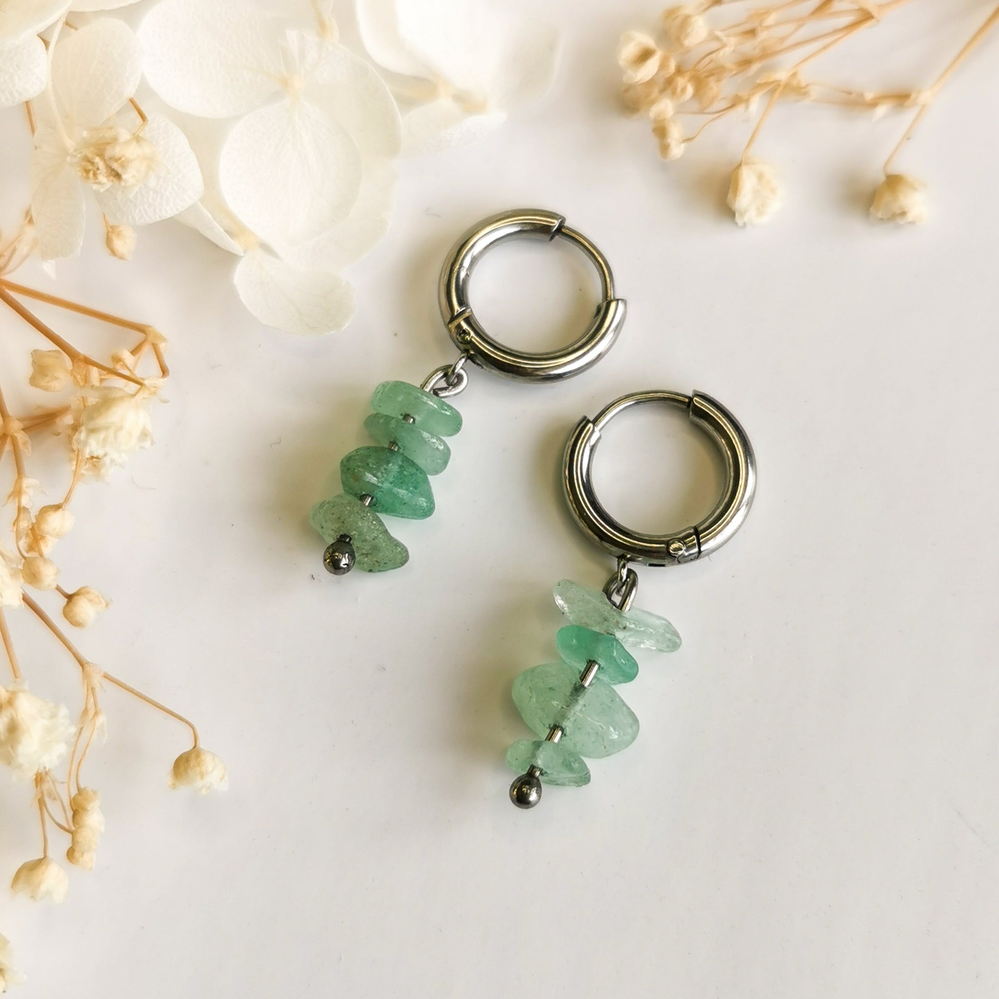 Real Crystal Jewellery - Gemstone Stacked Huggies Earrings by Arias Design Co in Aventurine