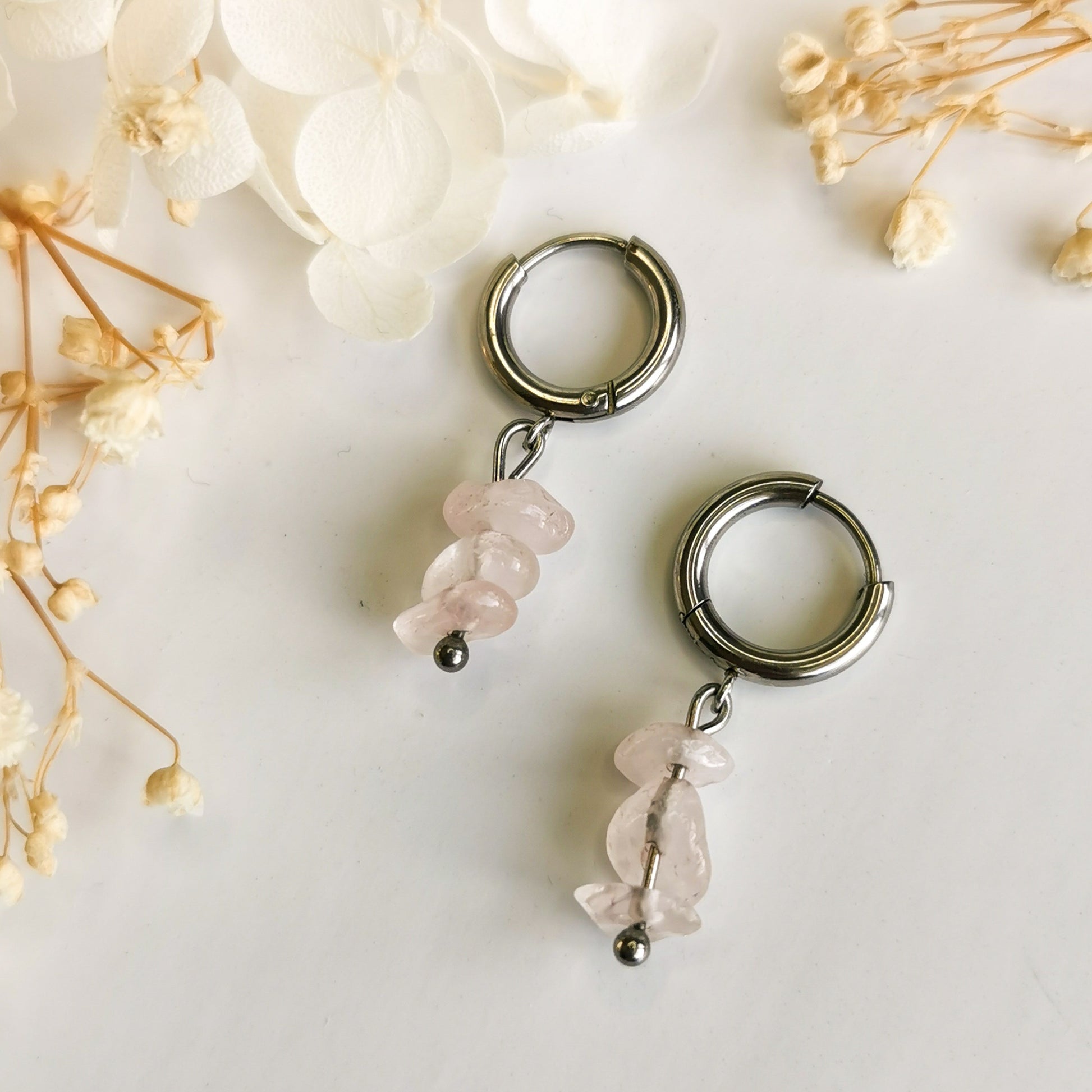 Rose Quartz Earrings | Gemstone Stacked Huggies Earrings - Arias Design Co