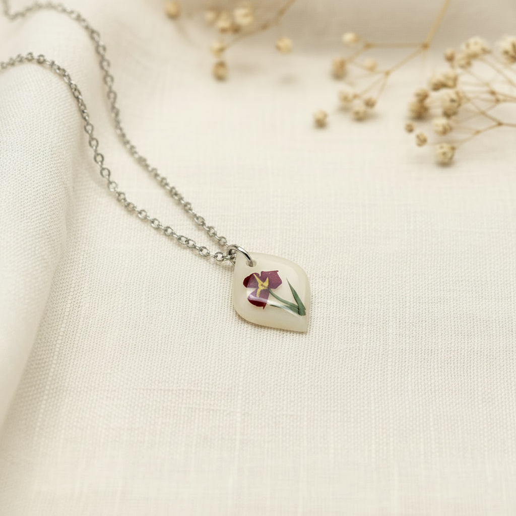 Handmade February birth flower iris necklace in silver