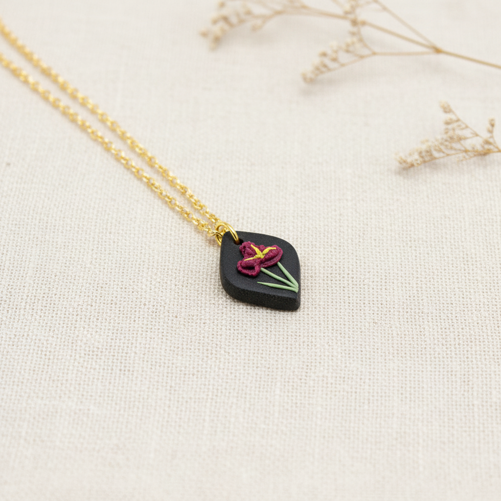 Iris February birth flower gold necklace NZ