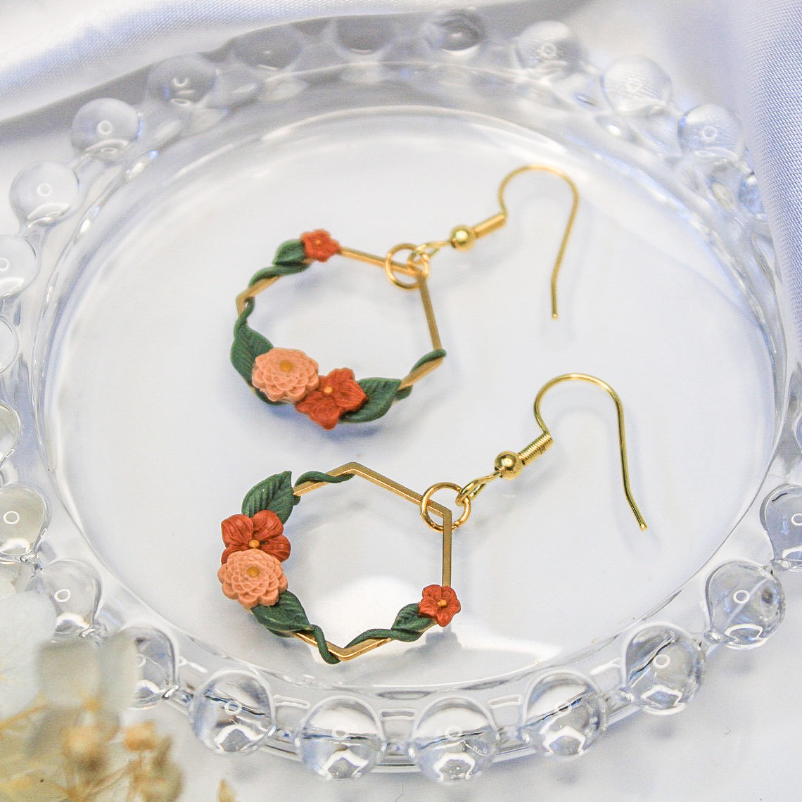 Gold hexagon earrings with handpainted ivy vine florals | nature inspired earrings NZ